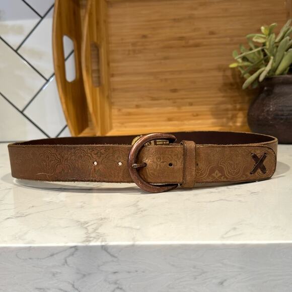 GAP brown distressed leather gold metallic stamped bohemian western Y2K size M - Picture 1 of 6